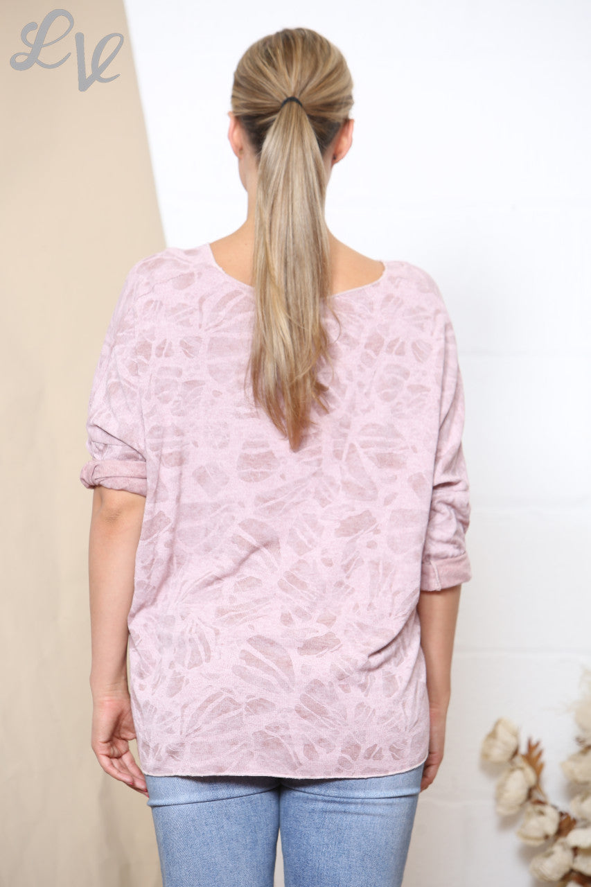 ABSTRACT PRINT FINE KNIT JUMPER TOP DUSTY PINK