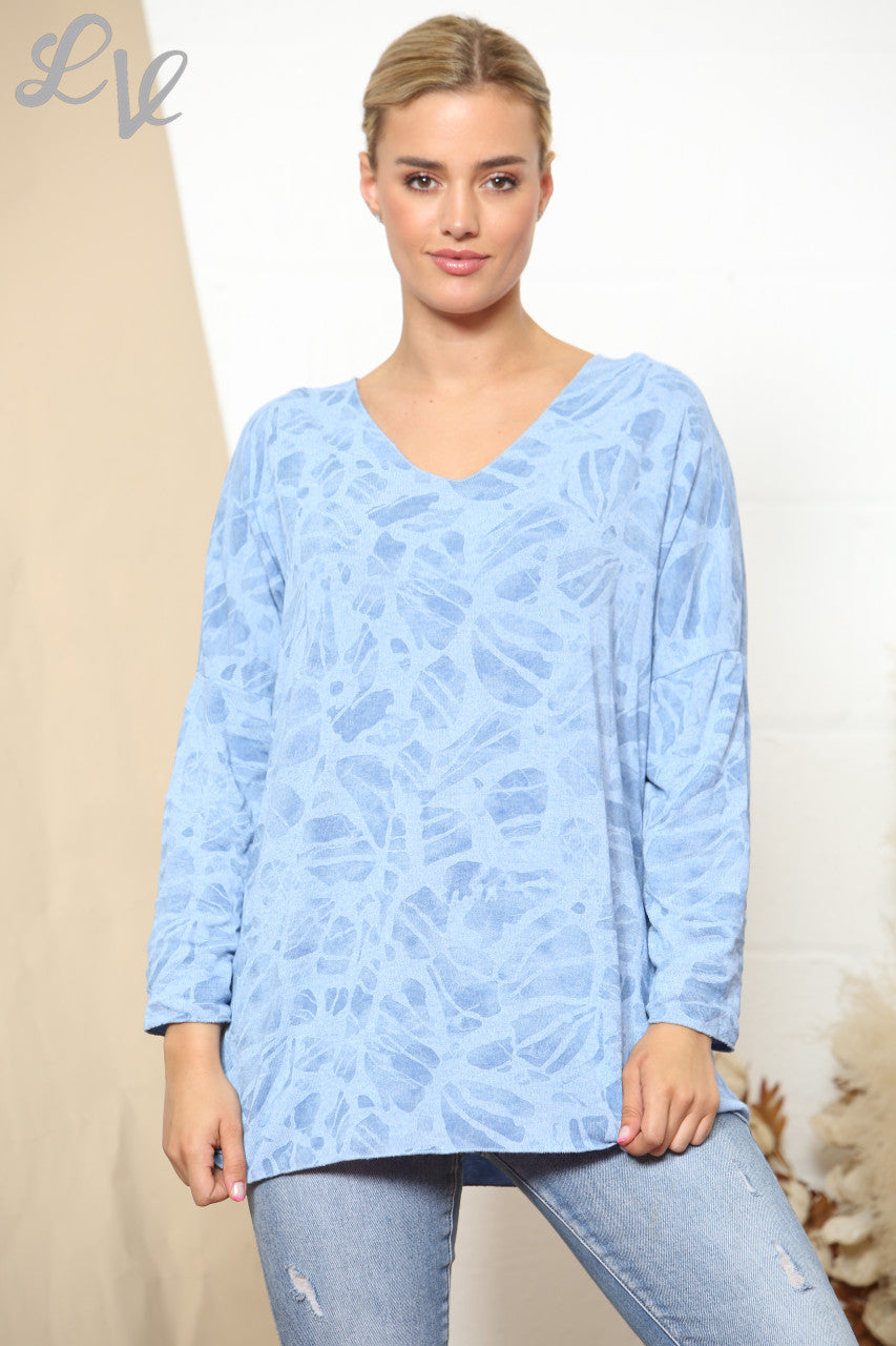 Ladies Abstract Effect Print Fine Knit Jumper Top Sky Blue