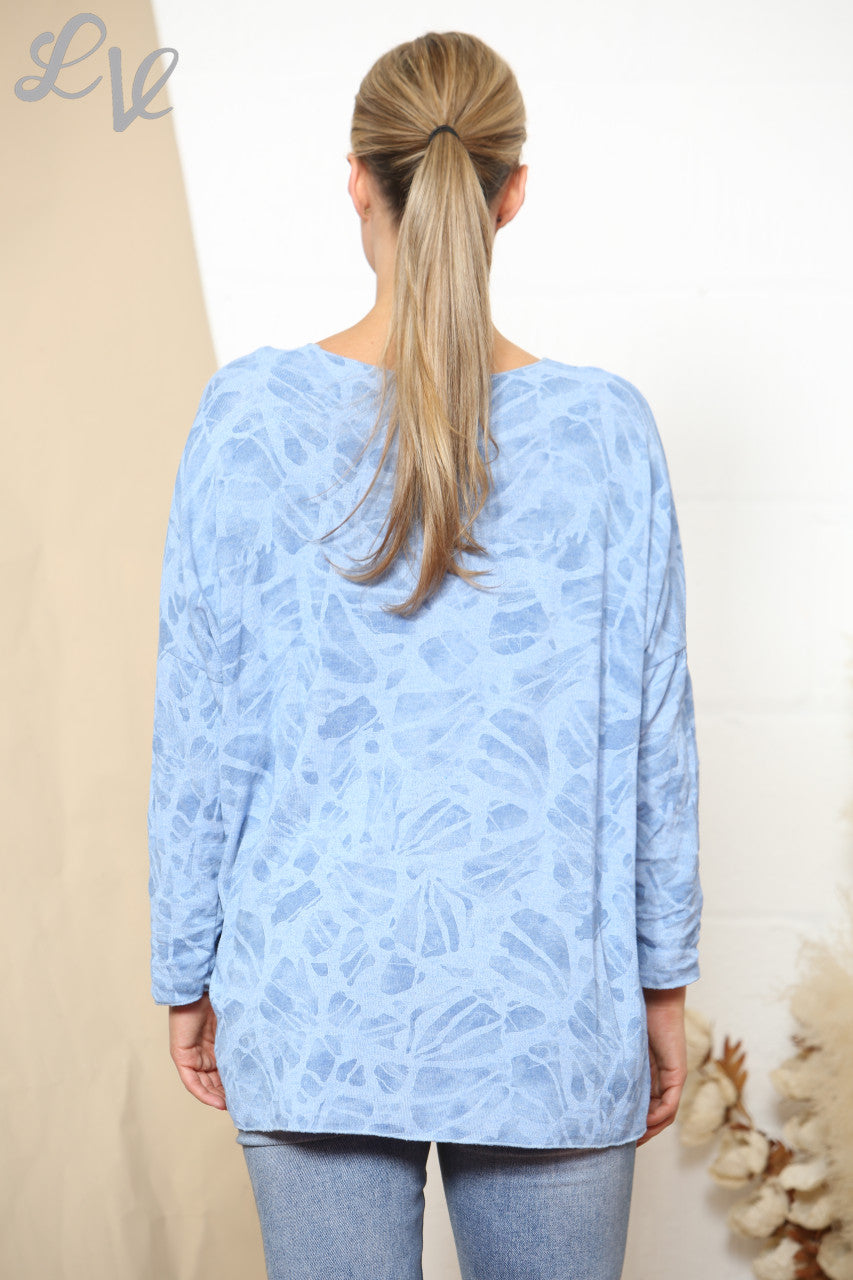 Ladies Abstract Effect Print Fine Knit Jumper Top Sky Blue