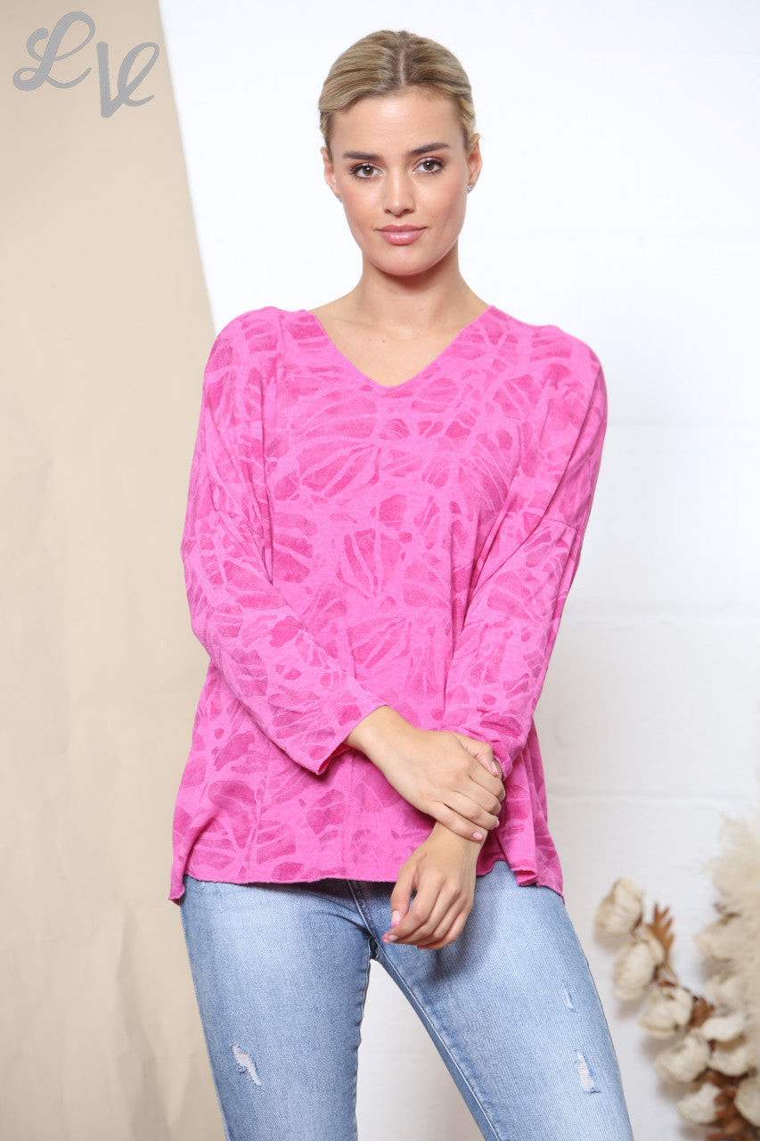 Ladies Abstract Effect Print Fine Knit Jumper Top Cerise