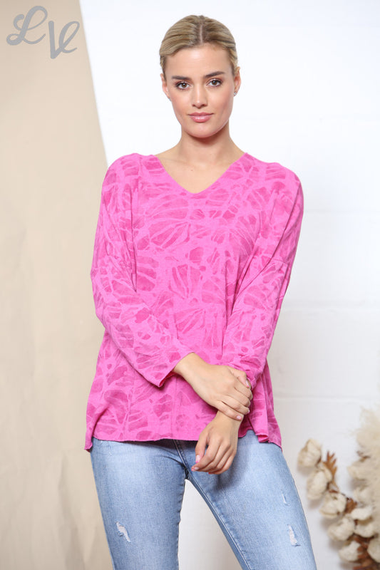 Dames Abstract Effect Print Fijngebreide Trui Top Cerise