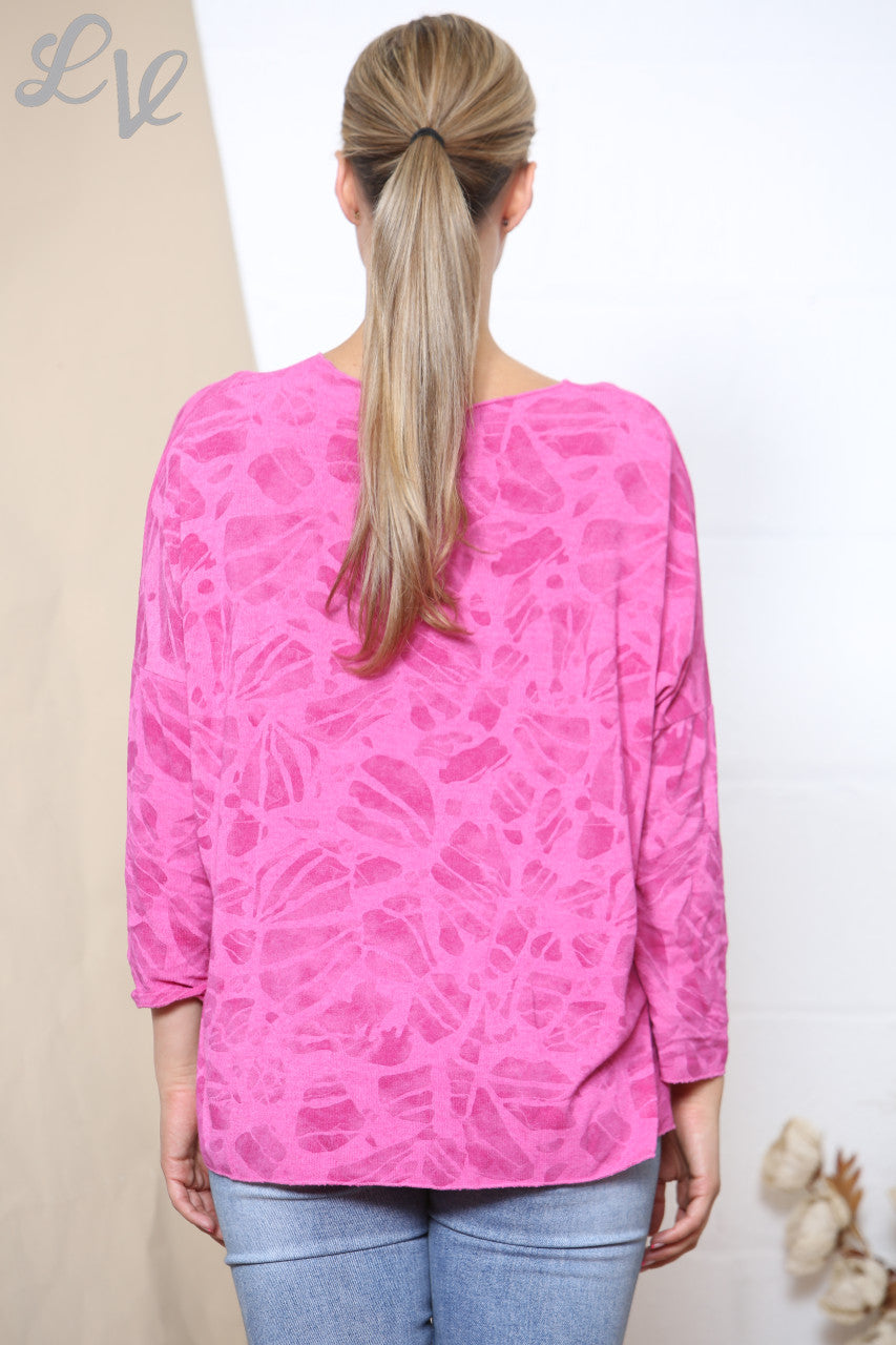 Ladies Abstract Effect Print Fine Knit Jumper Top Cerise
