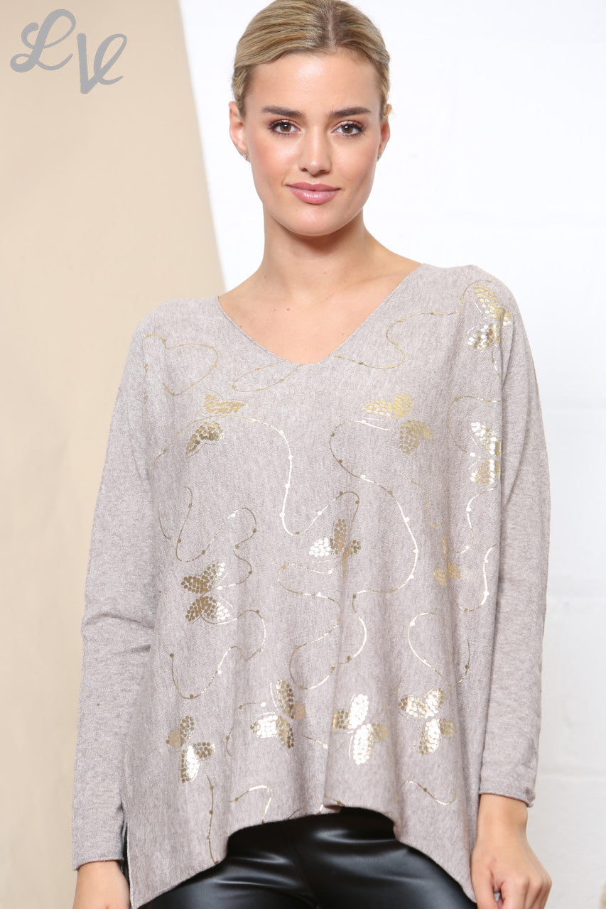 Ladies Gold Foil Butterfly Swirl Detail Jumper Top Stone