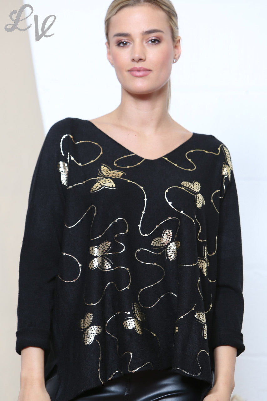 Dames Zwart Gouden Folie Vlinder Swirl Detail Trui Top