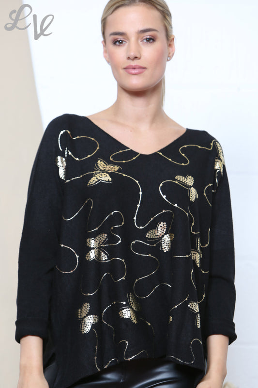 Dames Zwart Gouden Folie Vlinder Swirl Detail Trui Top
