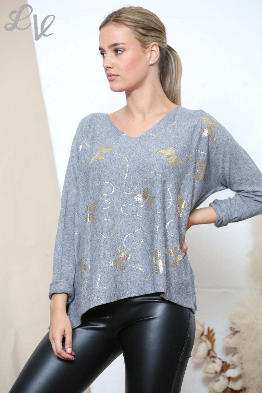 Dames Gouden Folie Vlinder Swirl Detail Trui Top Grijs