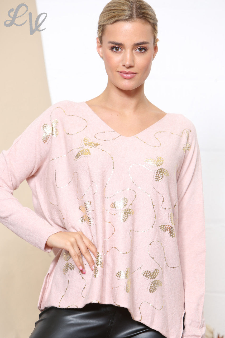 Dames Trui met Goudfolie Vlinder en Kruldetail Stofroze