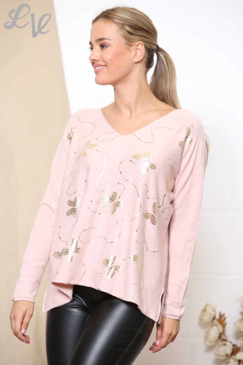 Dames Trui met Goudfolie Vlinder en Kruldetail Stofroze