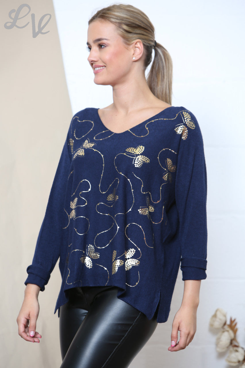 Ladies Gold Foil Butterfly Swirl Detail Jumper Top Navy