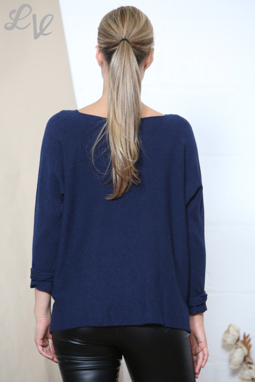 Ladies Gold Foil Butterfly Swirl Detail Jumper Top Navy