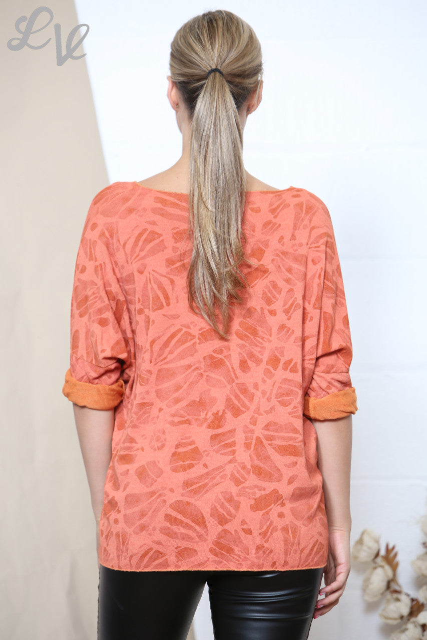 Ladies Abstract Effect Print Fine Knit Jumper Top Rust