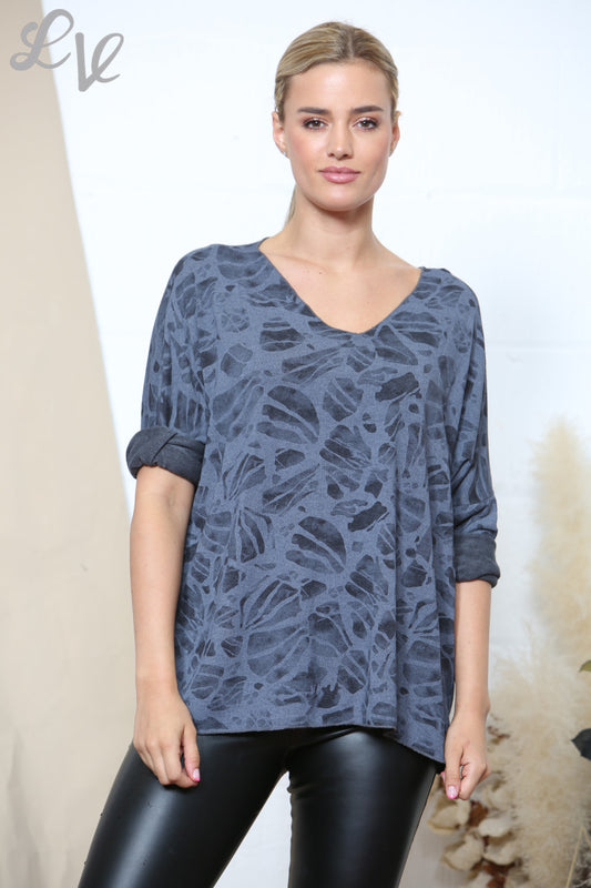 Dames Fijngebreide Trui met Abstracte Print Marineblauw