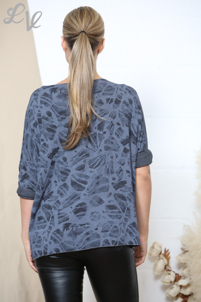 Ladies Abstract Effect Print Fine Knit Jumper Top Navy