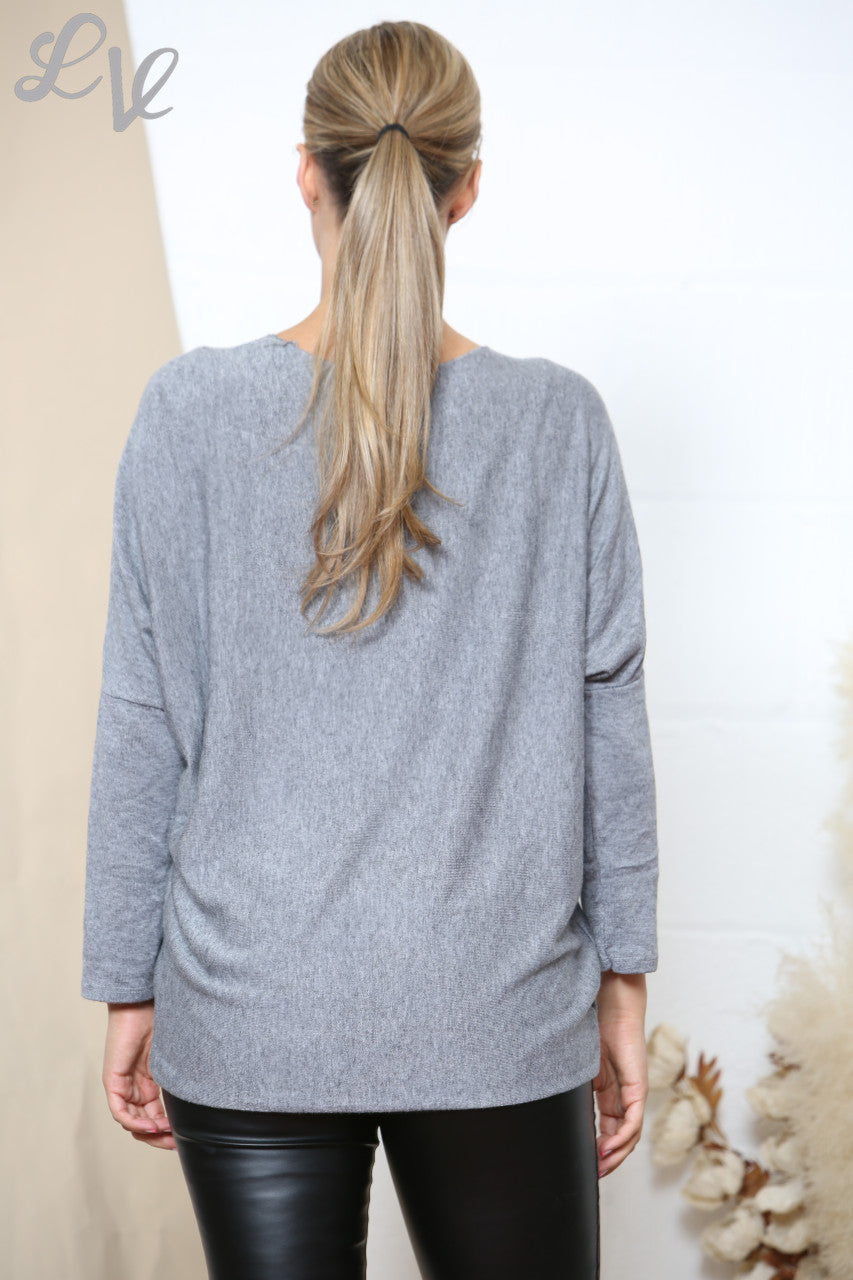 Ladies Sparkle Glitter Dragonfly Fine Knit Jumper Top Grey