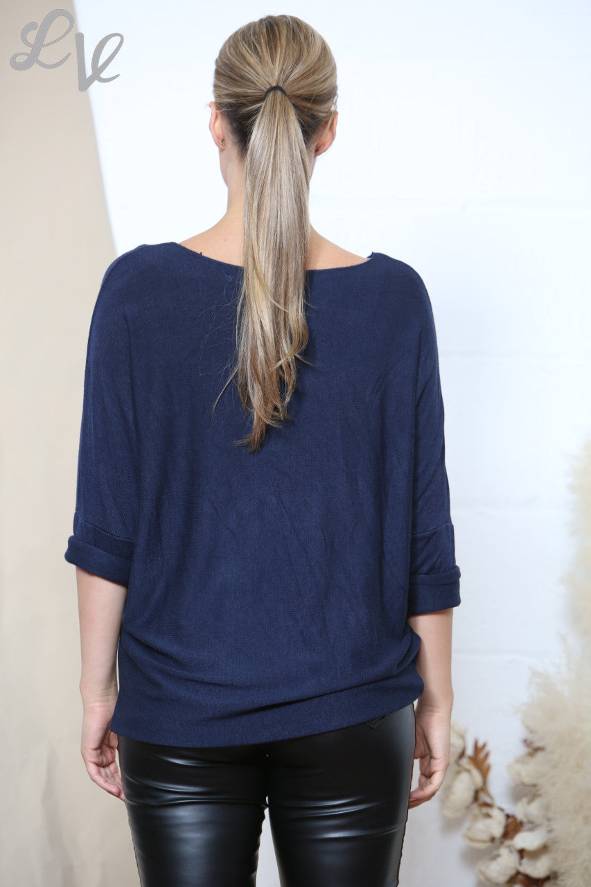 Ladies Sparkle Glitter Dragonfly Fine Knit Jumper Top Navy