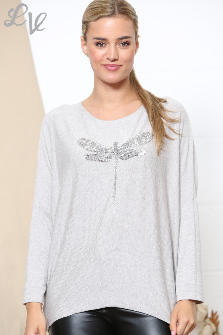 Ladies Sparkle Glitter Dragonfly Fine Knit Jumper Top Stone