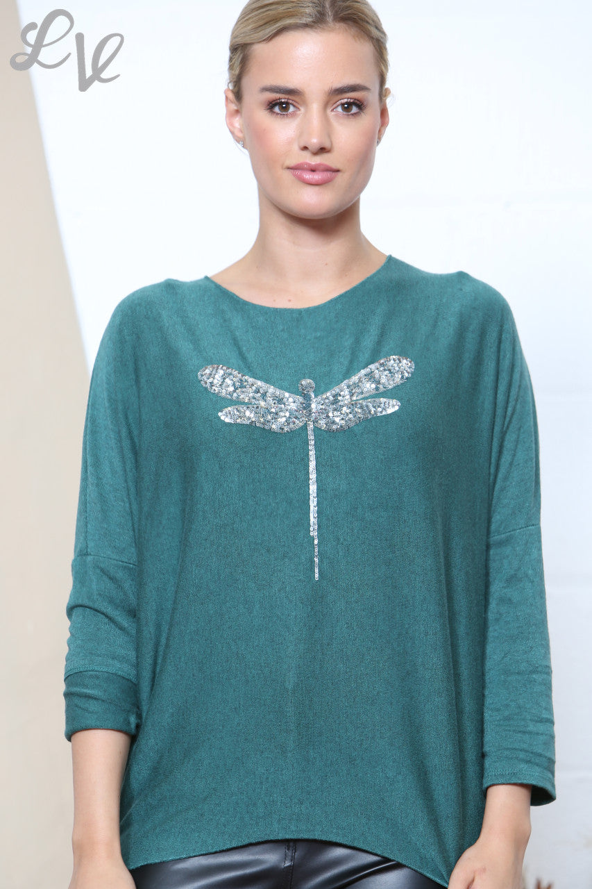 Dames Sparkle Glitter Libelle Fijne Gebreide Trui Top Groen