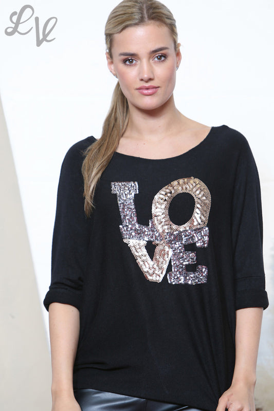 Dames Glanzende Glitter LOVE Letters Fijn Gebreide Trui Top Zwart