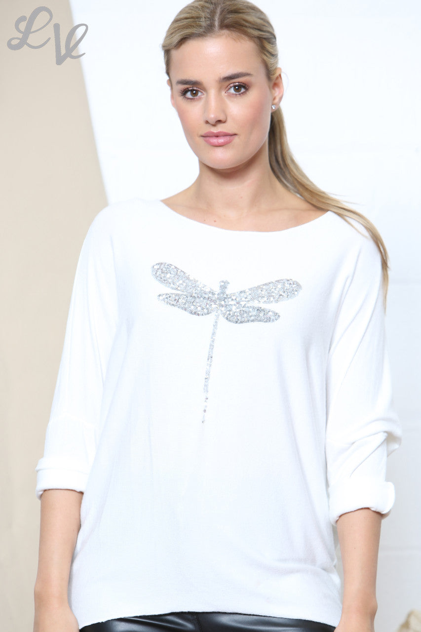 Ladies Sparkle Glitter Dragonfly Fine Knit Jumper Top White
