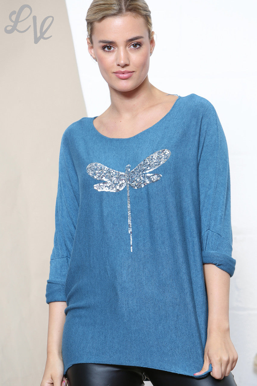 Ladies Sparkle Glitter Dragonfly Fine Knit Jumper Top Teal
