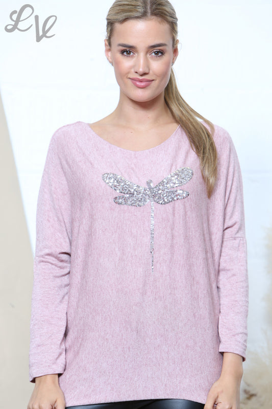 Dames Sparkle Glitter Libelle Fijne Gebreide Trui Top Dusty Roze
