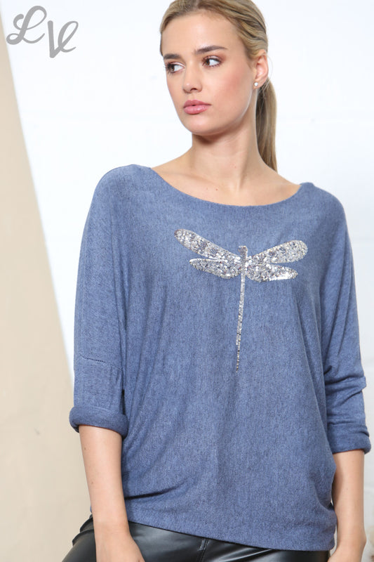 Dames Sparkle Glitter Libelle Fijne Gebreide Trui Top Denim