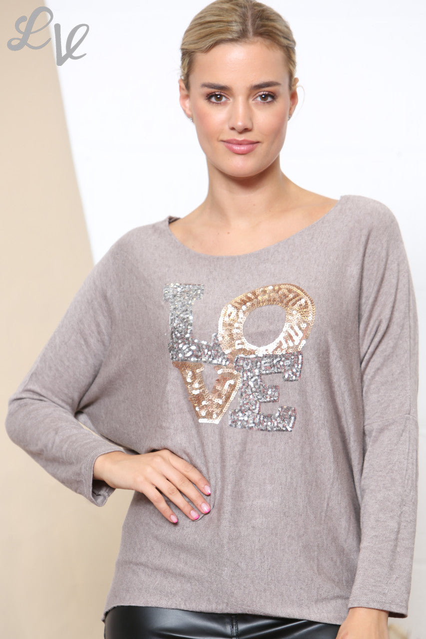 Ladies Sparkle Glitter LOVE Letters Fine Knit Jumper Top Taupe