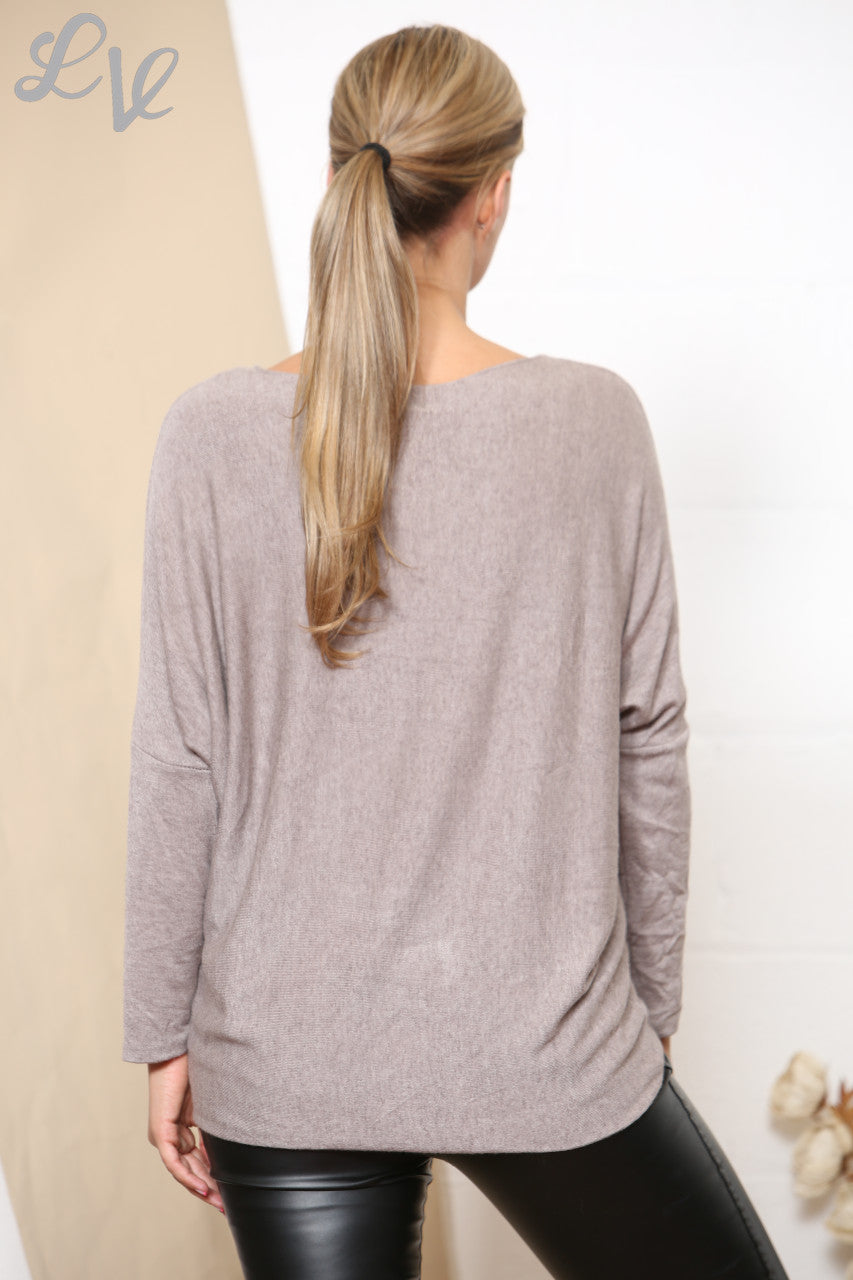 Ladies Sparkle Glitter LOVE Letters Fine Knit Jumper Top Taupe