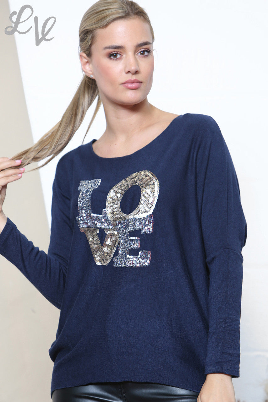 Dames Sparkle Glitter LOVE Letters Fijn Gebreide Trui Top Marine