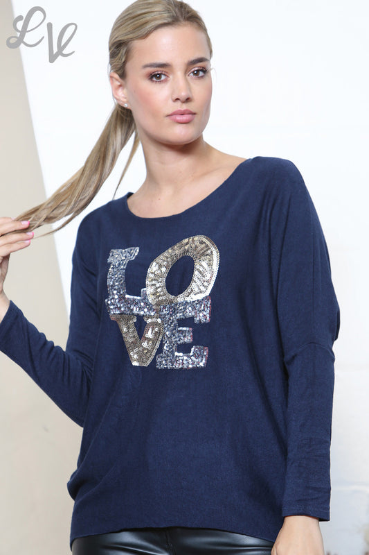 Dames Sparkle Glitter LOVE Letters Fijn Gebreide Trui Top Marine