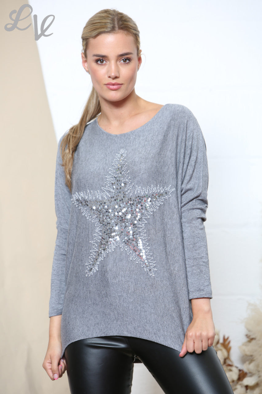 Ladies Star Sparkle Fine Knit Jumper Top Grey