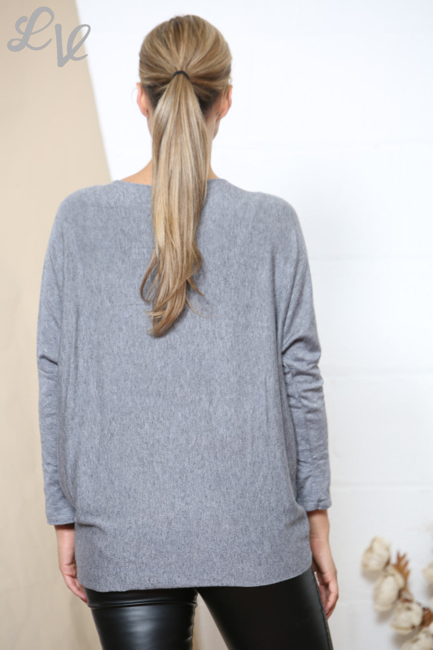 Ladies Star Sparkle Fine Knit Jumper Top Grey