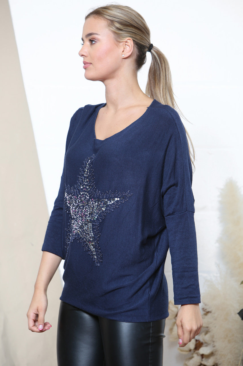 Ladies Star Sparkle Fine Knit Jumper Top Navy