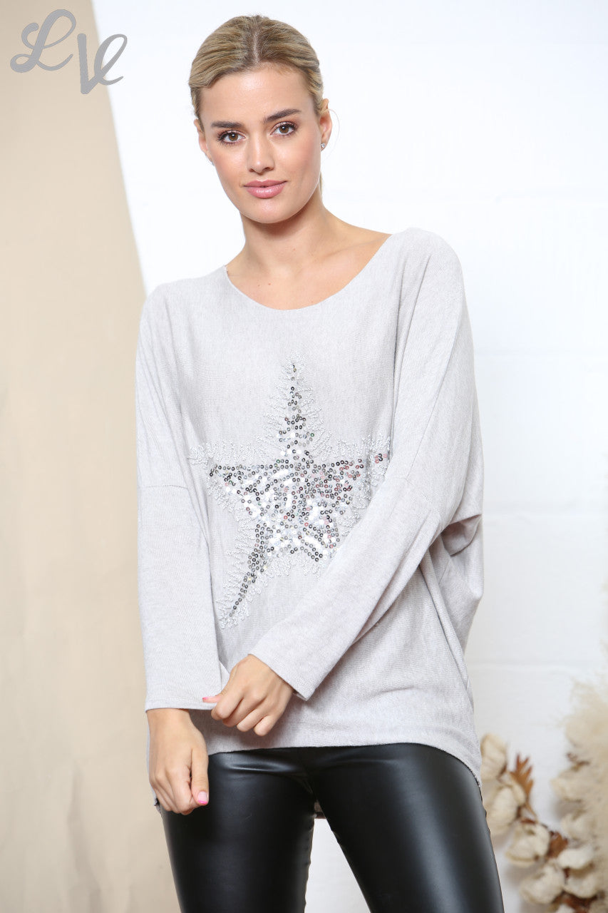 Ladies Star Sparkle Fine Knit Jumper Top Stone