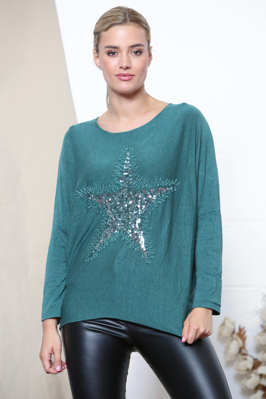 Dames Ster Sparkle Fijn Gebreide Trui Top Groen