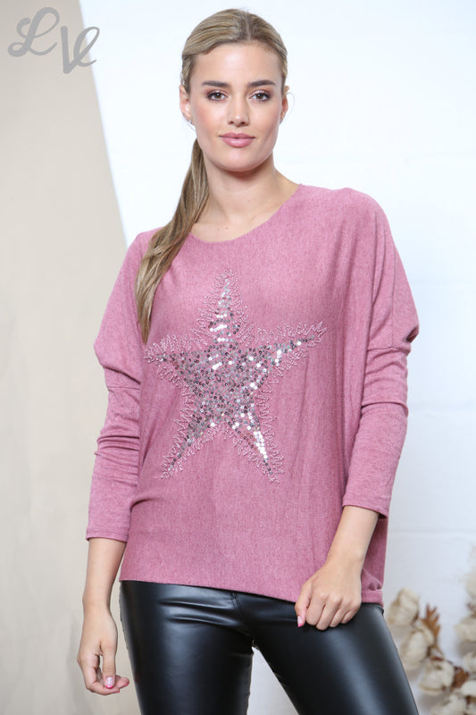 Dames Star Sparkle Fijn Gebreide Trui Top Roze