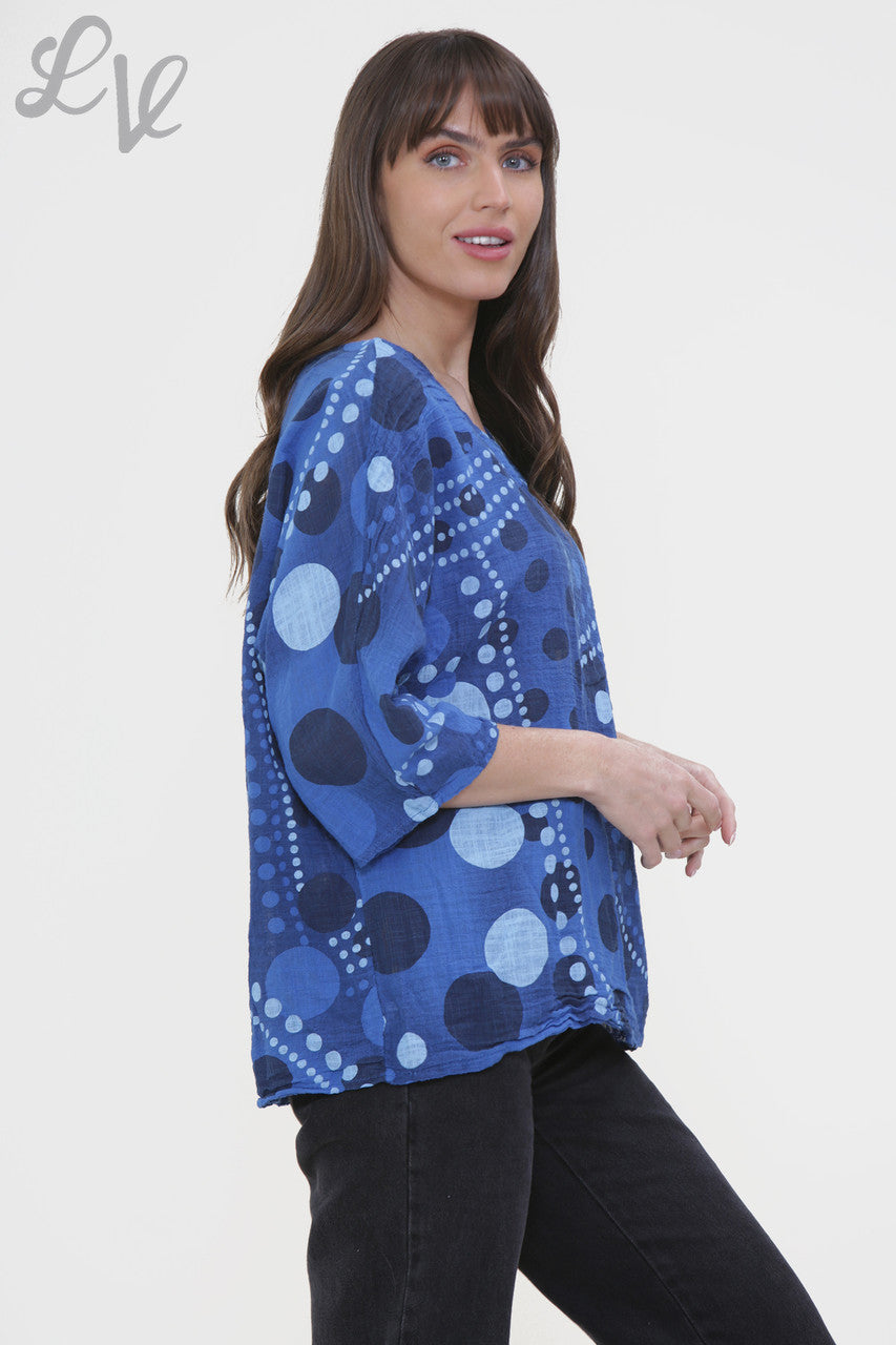 Dames Box Top met Stippenmix Print Koningsblauw