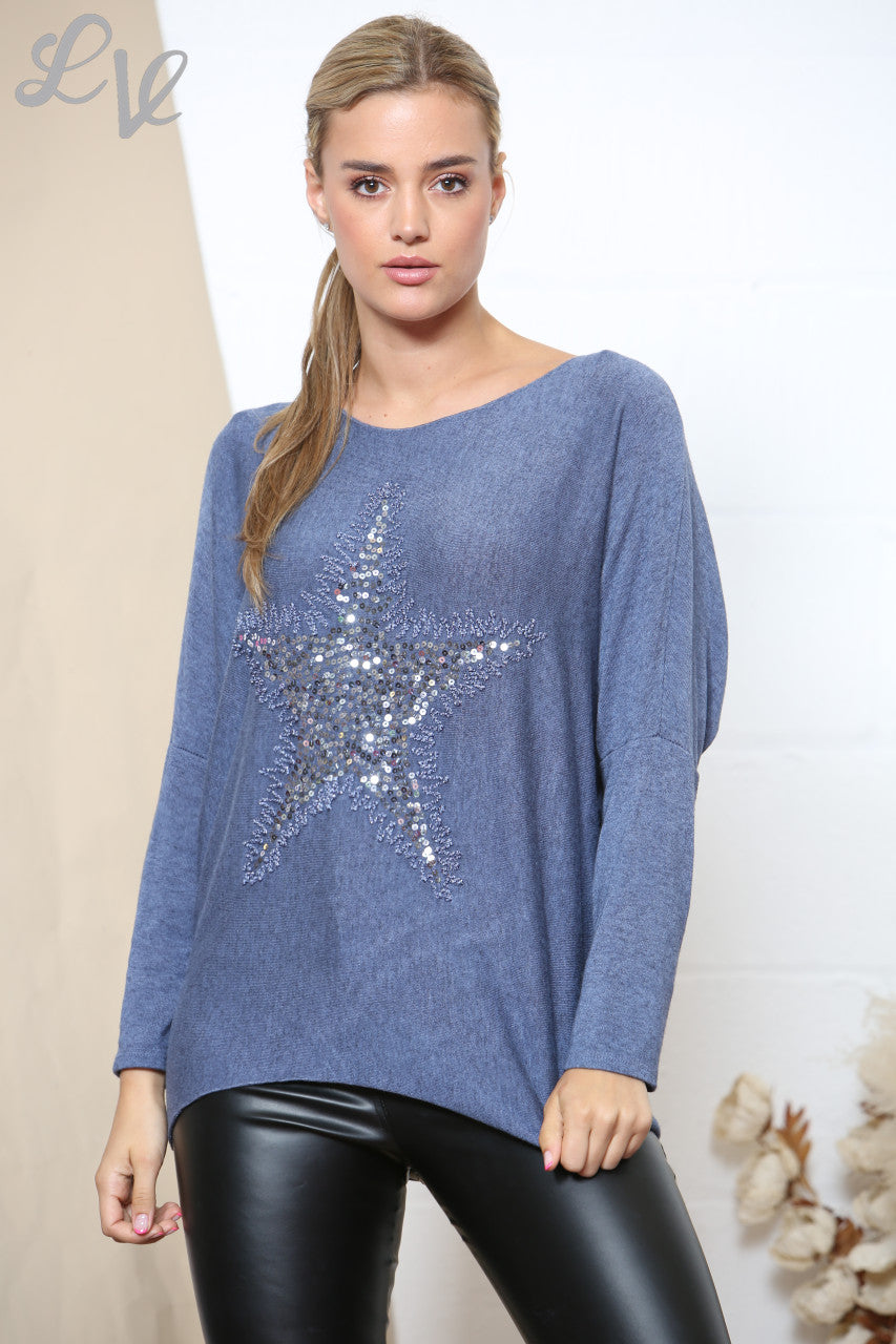 Ladies Star Sparkle Fine Knit Jumper Top Denim