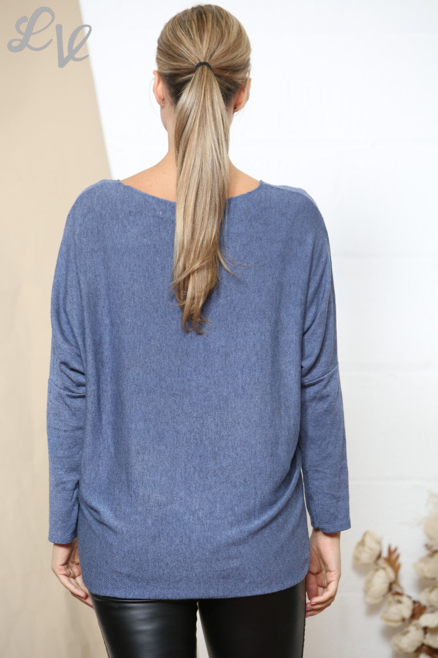 Ladies Star Sparkle Fine Knit Jumper Top Denim