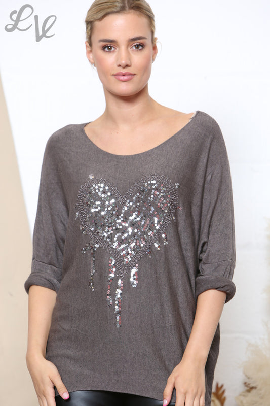 Dames Sparkle Glitter Hart Fijn Gebreide Trui Top Bruin