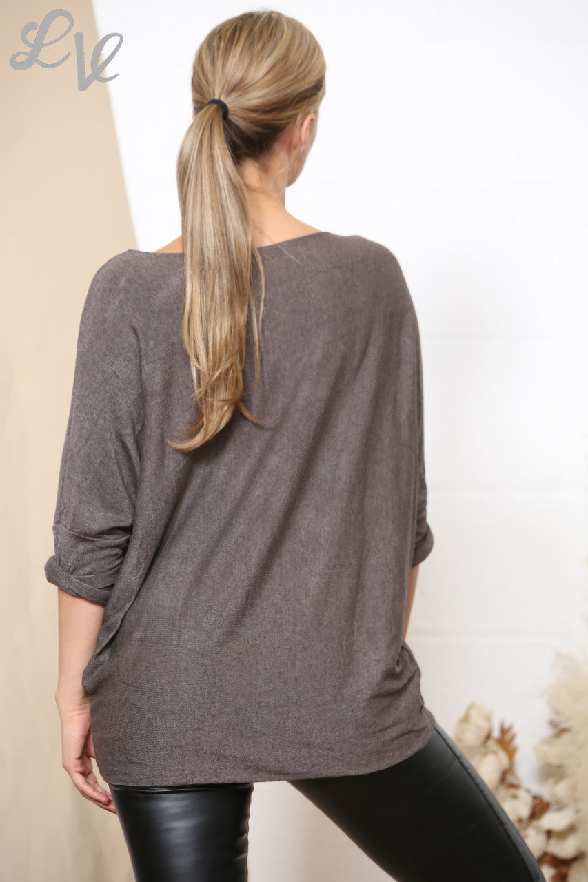Dames Sparkle Glitter Hart Fijn Gebreide Trui Top Bruin