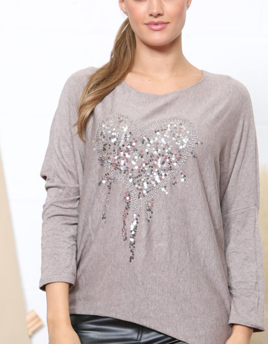TRUI MET PAILLETTEN HARTDETAIL TAUPE