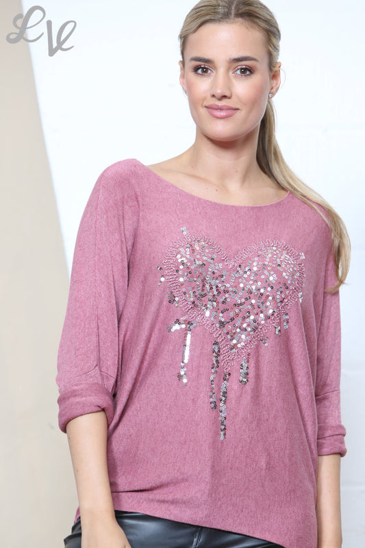 Dames Sparkle Glitter Hart Fijn Gebreide Trui Top Roze