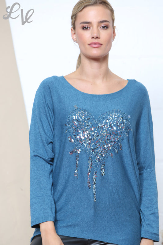 Dames Sparkle Glitter Hart Fijn Gebreide Trui Top Petrol