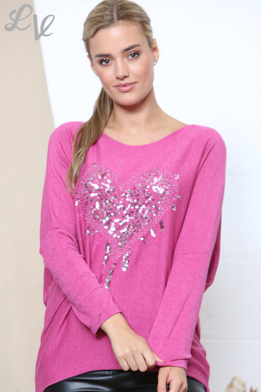 Dames Sparkle Glitter Hart Fijn Gebreide Trui Top Cerise