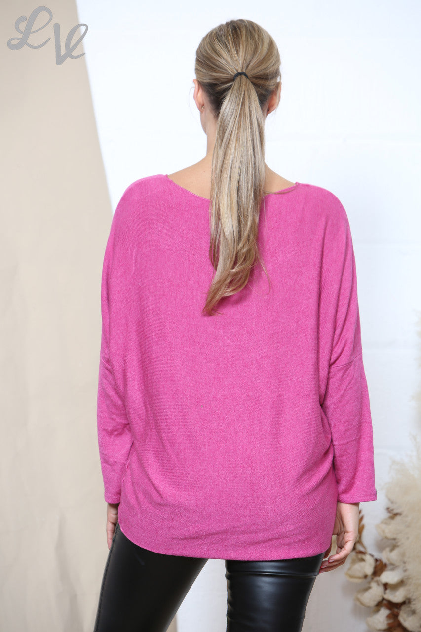 Dames Sparkle Glitter Hart Fijn Gebreide Trui Top Cerise