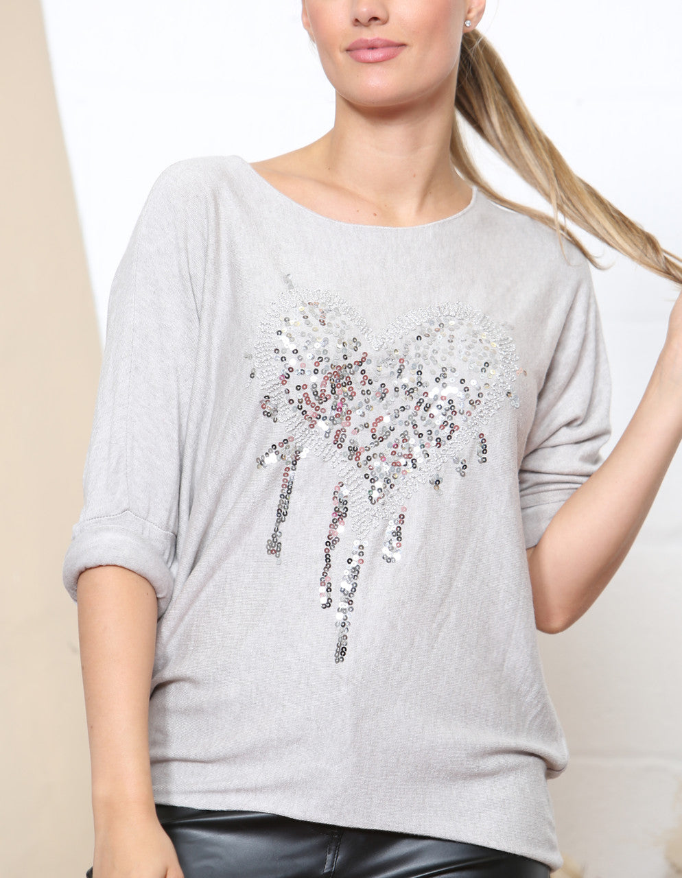 SEQUIN HEART DETAIL JUMPER TOP STONE