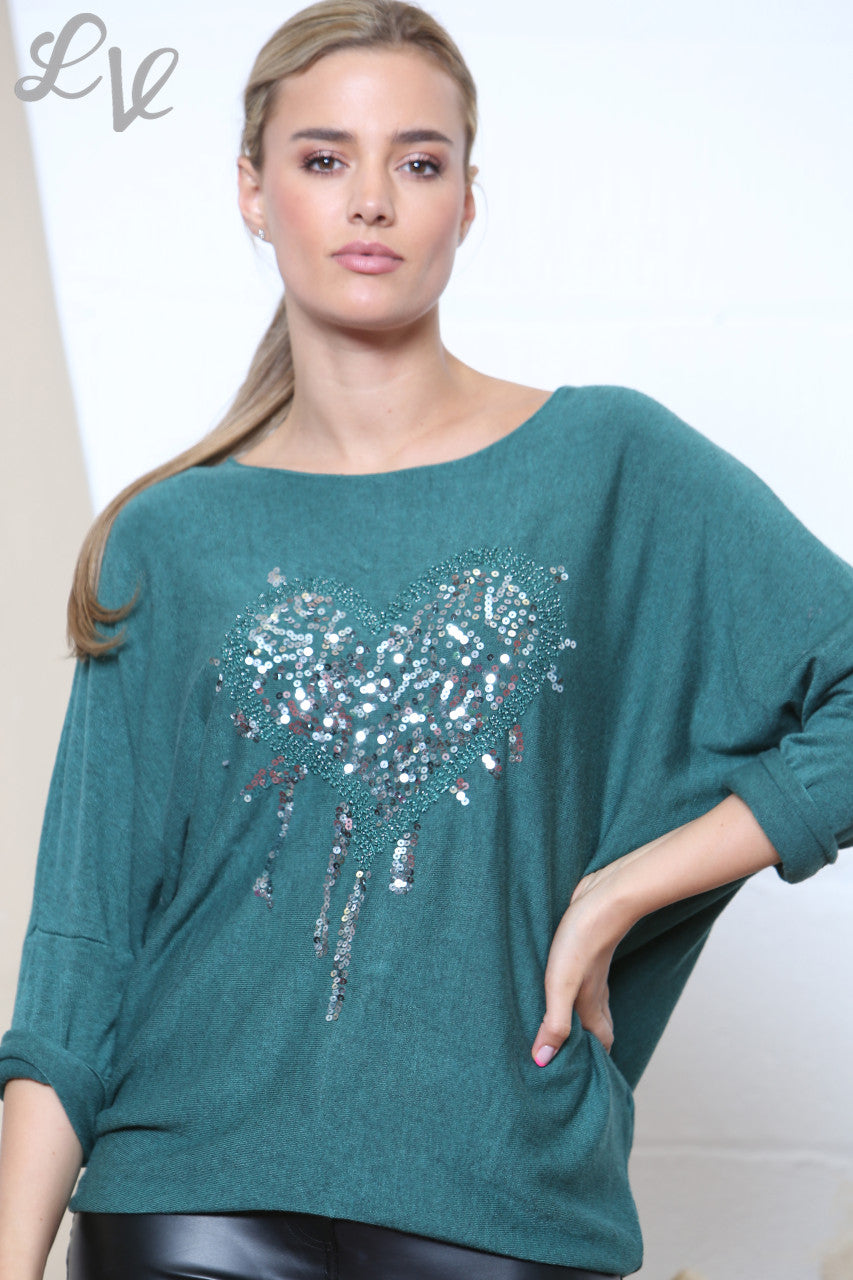 Ladies Sparkle Glitter Heart Fine Knit Jumper Top Green
