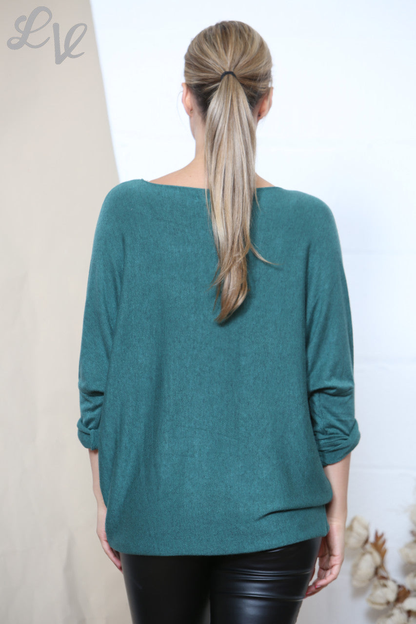 Ladies Sparkle Glitter Heart Fine Knit Jumper Top Green