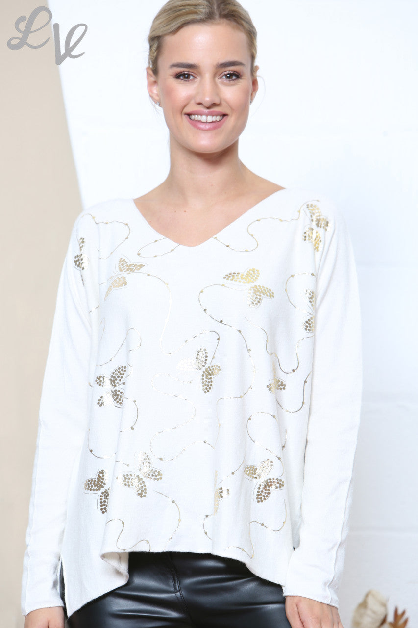 Ladies Gold Foil Butterfly Swirl Detail Jumper Top White